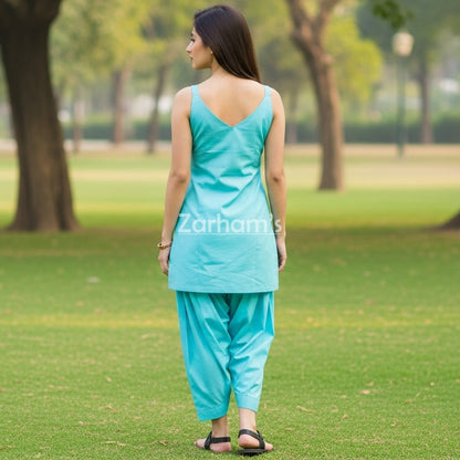Handmade Turquoise Cotton Kamiz Shalwar Suit