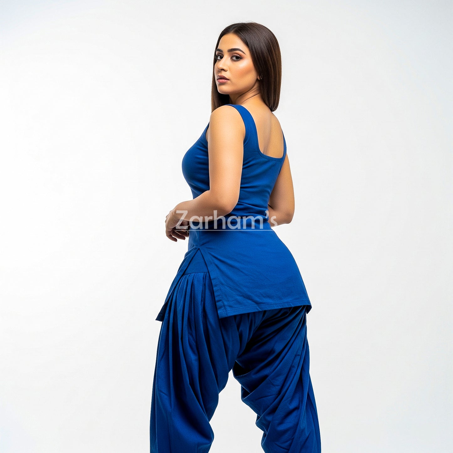 Zarhams Handmade Cotton Dark Blue Sleeveless Kameez Shalwar Suit