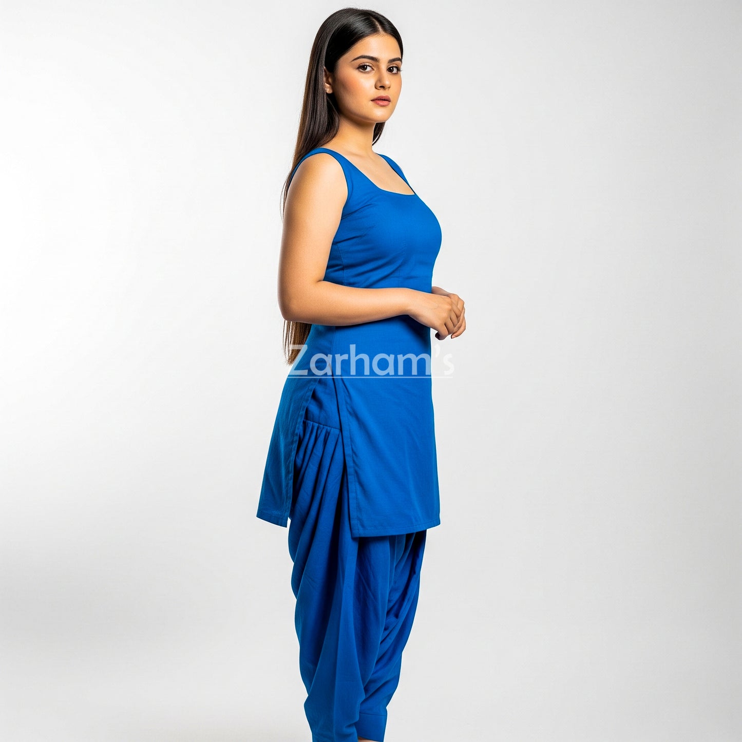 Zarhams Handmade Cotton Blue Sleeveless Kameez Shalwar Suit