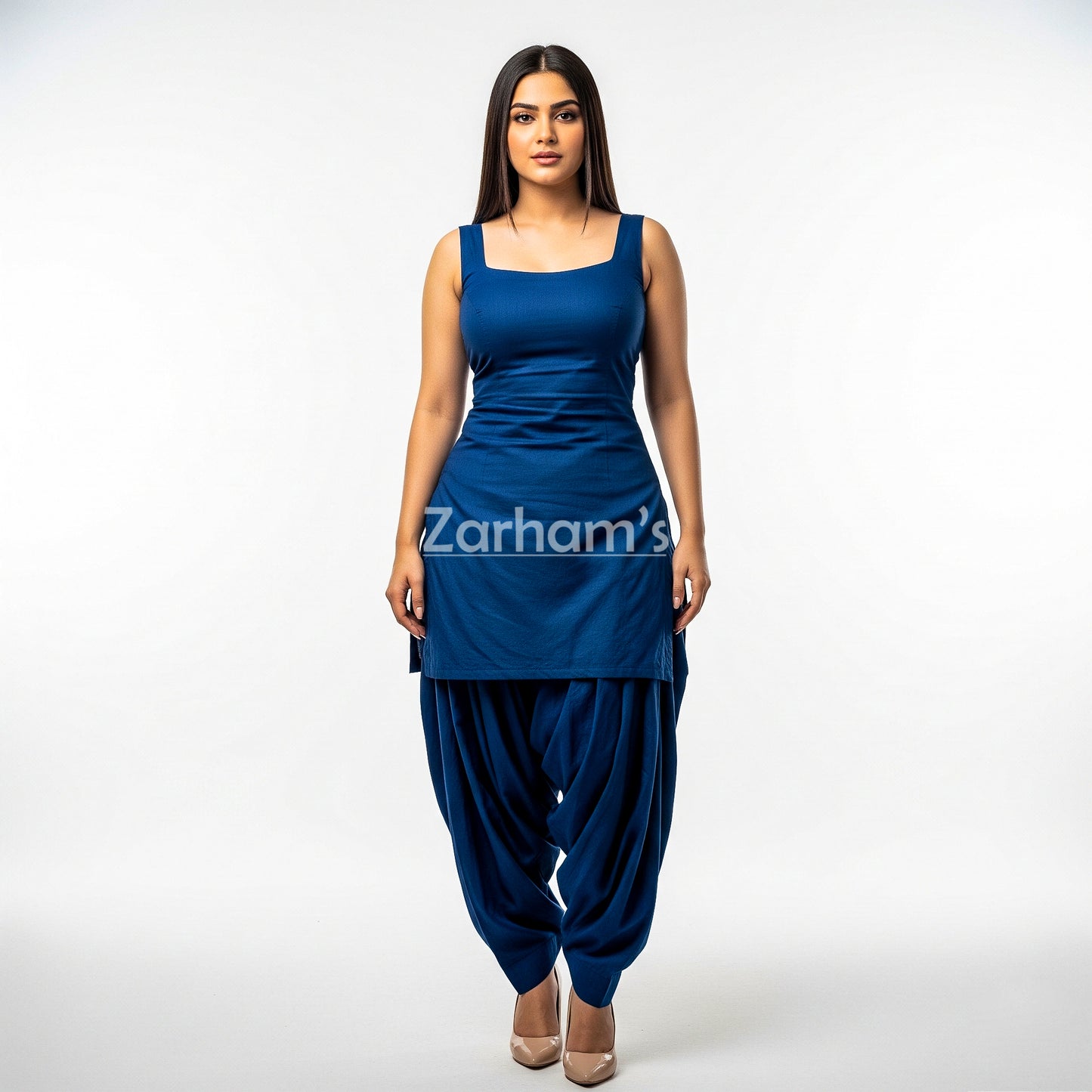 Zarhams Handmade Cotton Dark Blue Sleeveless Kameez Shalwar Suit