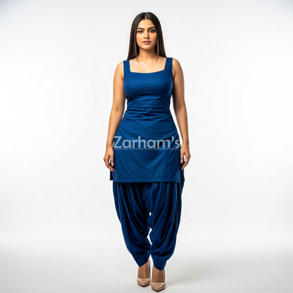 Zarhams Handmade Cotton Dark Blue Sleeveless Kameez Shalwar Suit