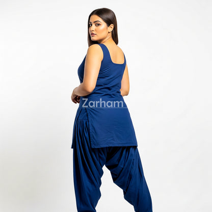 Zarhams Handmade Cotton Dark Blue Sleeveless Kameez Shalwar Suit
