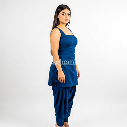 Zarhams Handmade Cotton Dark Blue Sleeveless Kameez Shalwar Suit