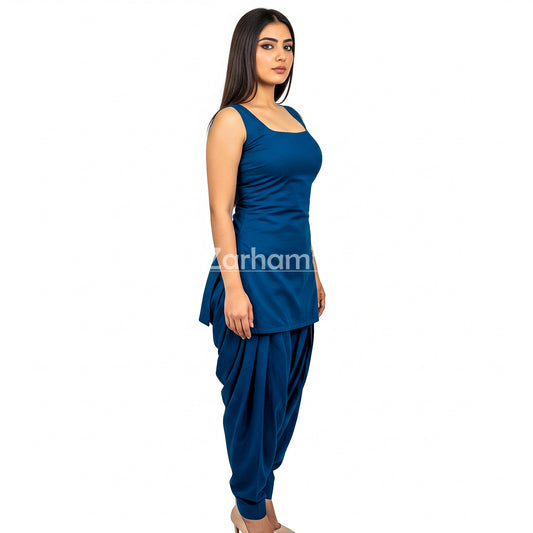 Zarhams Handmade Cotton Dark Blue Sleeveless Kameez Shalwar Suit